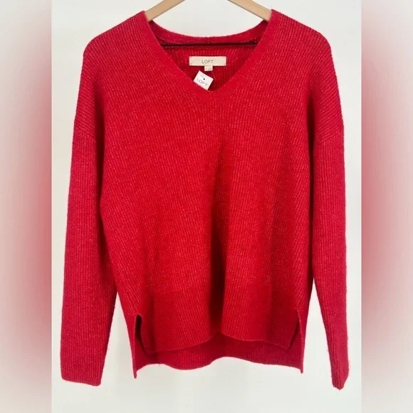 "NWT" Loft Ribbed V-Neck Pullover Sweater- Red- Women's Size Small‎ - Picture 2 of 10